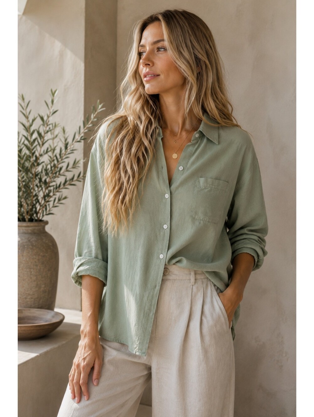 Vintage Petite Sophisticates 100% Linen Sage Green Button Down Shirt Size Large
